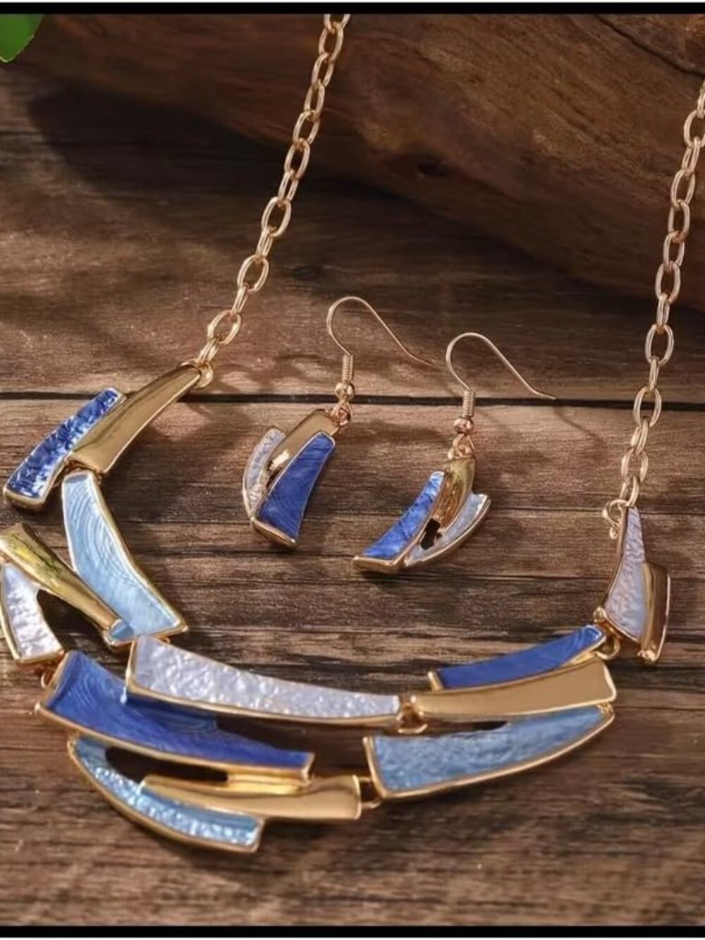 Boho Geometric Statement Jewelry Set for Women, Blue Enamel Chunky Gold Necklace